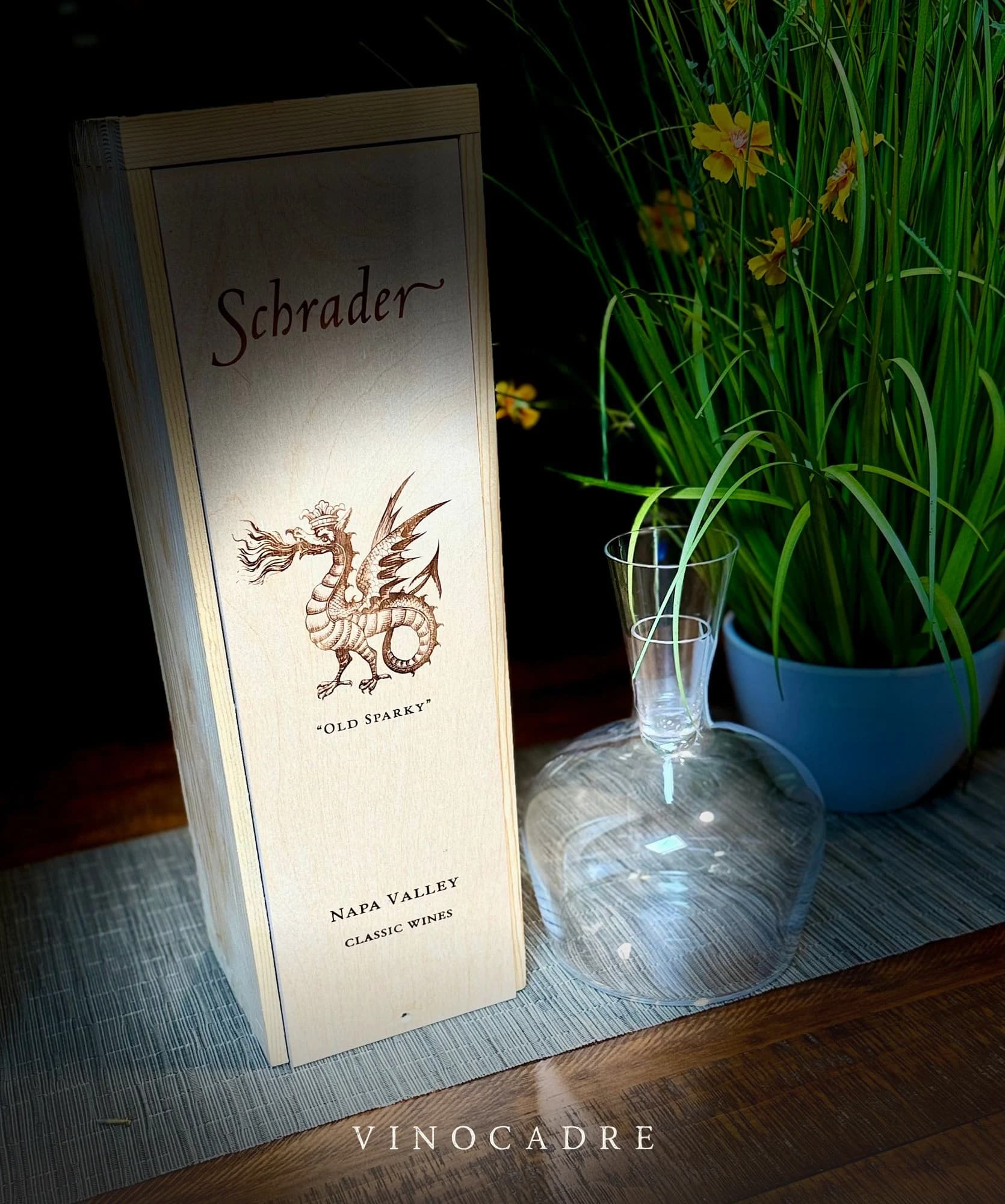 Bottle of 2011 Schrader Old Sparky Cabernet Sauvignon (1.5 Liter Magnum) Boxed in wood.