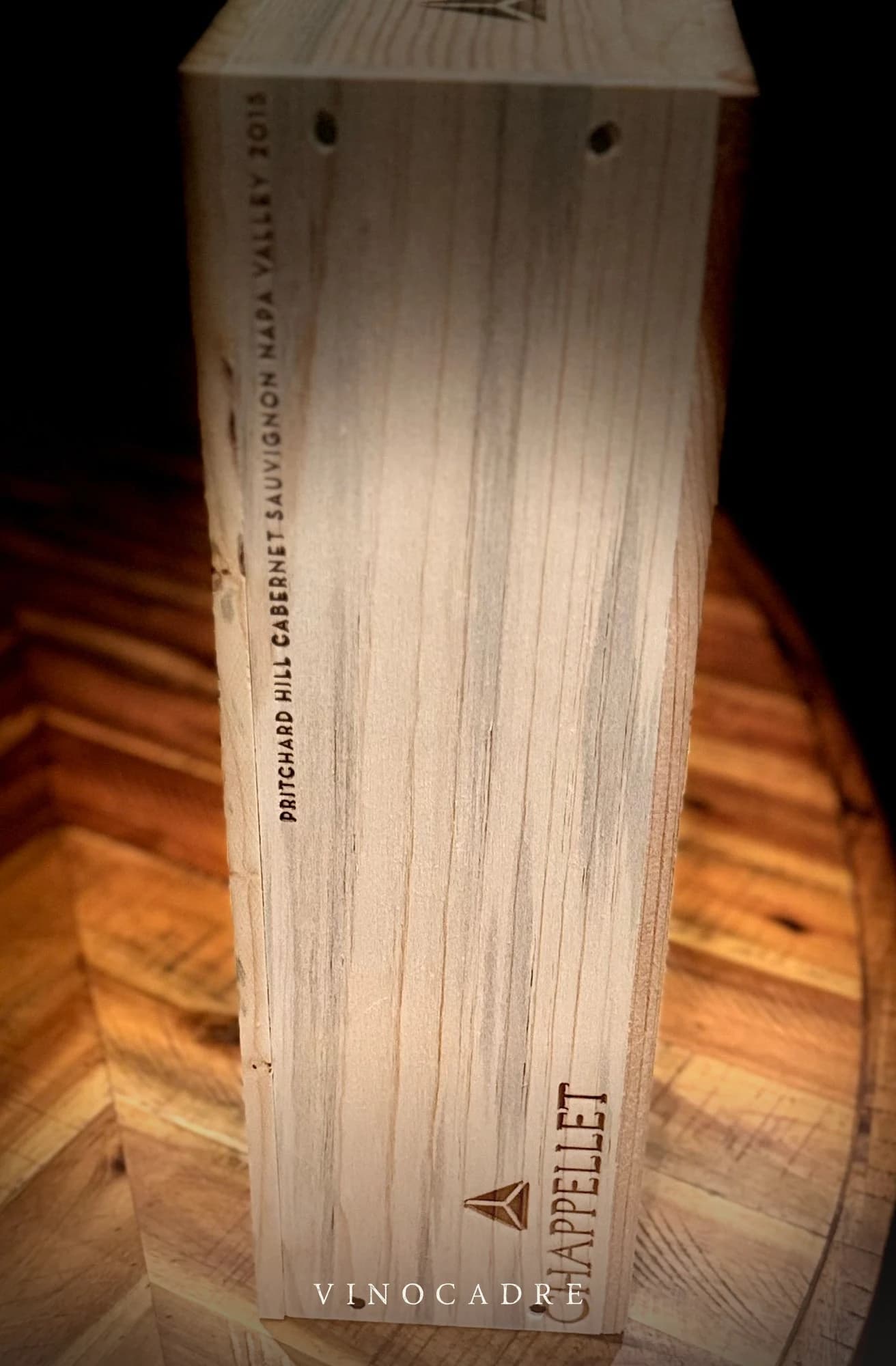 Bottle of 2015 Chappellet Pritchard Hill Estate Vineyard Cabernet Sauvignon, Napa 1.5 liter boxed in wood